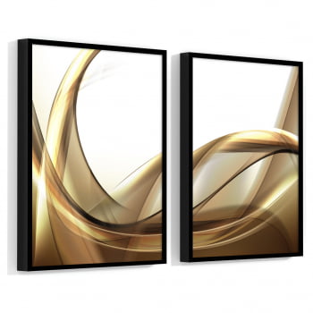 Conjunto de 2 Quadros Decorativos para Sala de Estar Wave Abstrato Dourado - Linha Prime