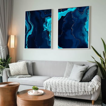 Conjunto de 2 Quadros Decorativos para Sala de Estar Abstrato Mar Azul - Linha Prime