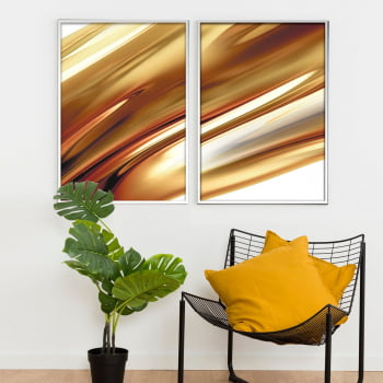 Conjunto de 2 Quadros Decorativos para Sala de Estar Abstrato Riscas Douradas - Linha Prime