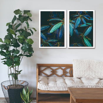 Conjunto de 02 Quadros Decorativos para Sala Duo Folhas Azul e Verde - Linha Prime