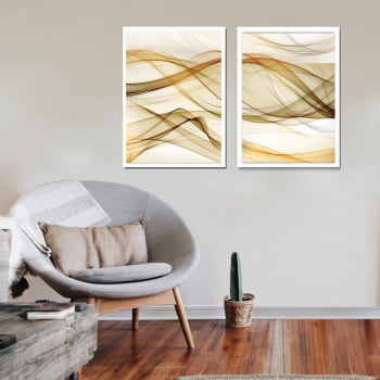Conjunto de Quadros Decorativos para Sala Duo Wave Abstrato Dourado - Linha Prime