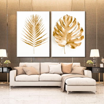 Conjunto de 2 Quadros Decorativos Folhas Douradas fundo Branco - Flores