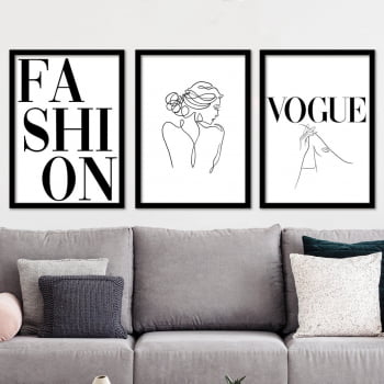 Conjunto de 3 Quadros Decorativos para Sala Fashion Vogue - Moda