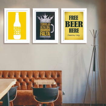 Conjunto de 3 Quadros Decorativos Corporativo Cerveja Só Faz Mal Quando Falta - Frases