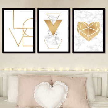 Conjunto de 3 Quadros Decorativos Love Geométricos - Dourado - Namorados