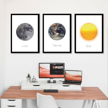 Conjunto de 3 Quadros Decorativos Corporativo Lua, Terra e Sol