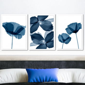 Conjunto de 3 Quadros Decorativos para Quarto Casal Flor Azul 