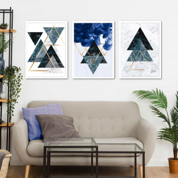 Conjunto de 3 Quadros Decorativos para Quarto Triângulos Geométricos - Azul