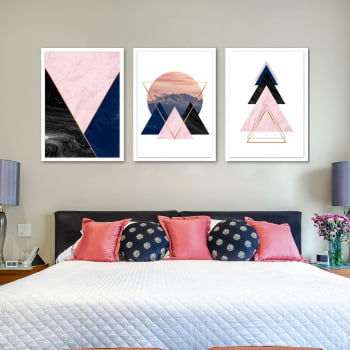 Conjunto de 3 Quadros Decorativos para Quarto Triângulos Geométricos e Montanhas - Rose e Azul