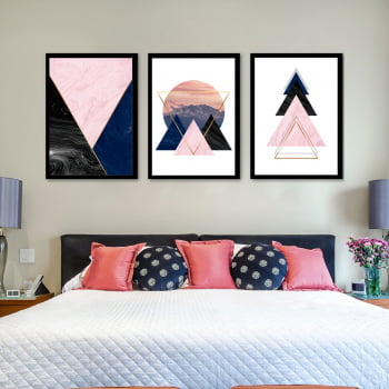 Conjunto de 3 Quadros Decorativos para Quarto Triângulos Geométricos e Montanhas - Rose e Azul