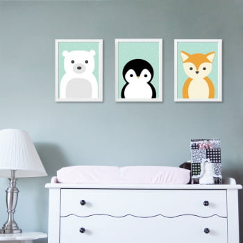 Conjunto de 3 Quadros Decorativos para Quarto Urso, Pinguim e Raposa - Infantil