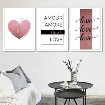 Conjunto de 3 Quadros Decorativos para Sala Amour, Amore, Amor, Love - Namorados