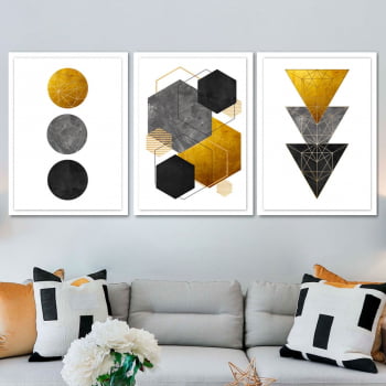 Conjunto de 3 Quadros Decorativos para Sala Círculo, Hexágono e Triângulo - Geométricos - Gold Black