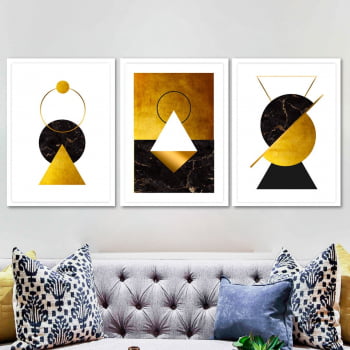 Conjunto de 3 Quadros Decorativos para Sala Círculo, Triângulo e Losango II - Dourado - Gold Black - Geométricos