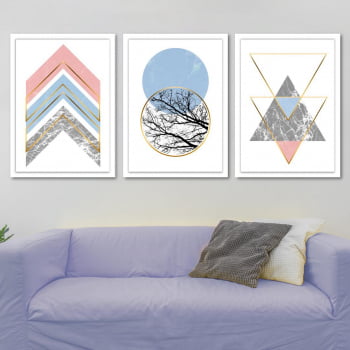 Conjunto de 3 Quadros Decorativos para Sala Círculos e Triângulos Azul e Rosa - Geométricos