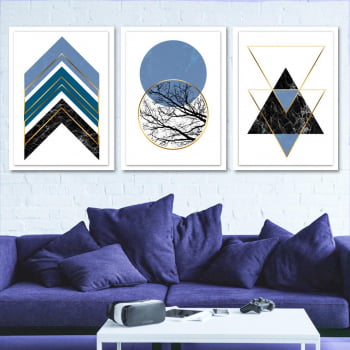 Conjunto de 3 Quadros Decorativos para Sala Círculos e Triângulos Azul - Geométricos