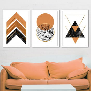 Conjunto de 3 Quadros Decorativos para Sala Círculos e Triângulos Terracota - Geométricos