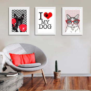 Conjunto de 3 Quadros Decorativos para Sala de Estar I Love My Dog - Meu Pet