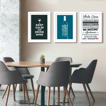 Conjunto de 3 Quadros Decorativos para Sala de Jantar Keep Calm And Drink Wine - Frases