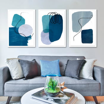 Conjunto de 3 Quadros Decorativos para Sala Formas Geométricas - Azul - Abstratos