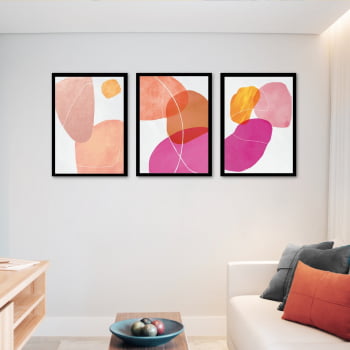 Conjunto de 3 Quadros Decorativos para Sala Formas Geométricas - Rosa - Abstratos