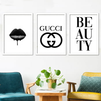 Conjunto de 3 Quadros Decorativos para Sala Gucci Beauty - Grife