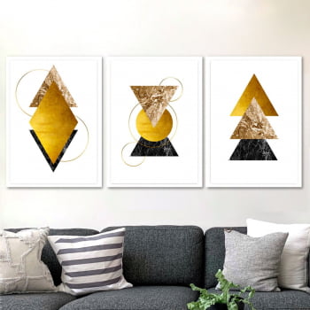Conjunto de 3 Quadros Decorativos para Sala Losango, Círculo e Triângulo I - Dourado - Geometricos - Gold Black