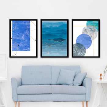 Conjunto de 3 Quadros Decorativos para Sala Mar e Nuvens Geométricos - Azul