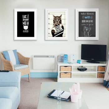 Conjunto de 3 Quadros Decorativos para Sala Não Temos Wi-Fi Brinque Com O Gato - Meu Pet