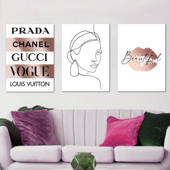 Conjunto de 3 Quadros Decorativos para Sala Prada Chanel Gucci Vogue Loius Vuitton Grifes
