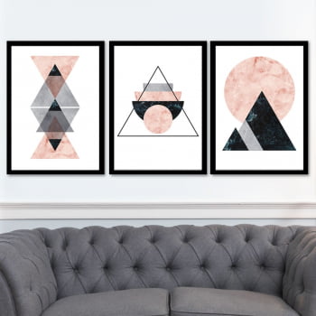 Conjunto de 3 Quadros Decorativos para Sala Triângulos e Círculos - Rosa - Geométricos