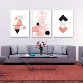 Conjunto de 3 Quadros Decorativos para Sala Triângulos, Losangos e Pentagonos Geométricos - Rose