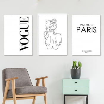 Conjunto de 3 Quadros Decorativos para Sala Vogue Take Me To Paris - Moda