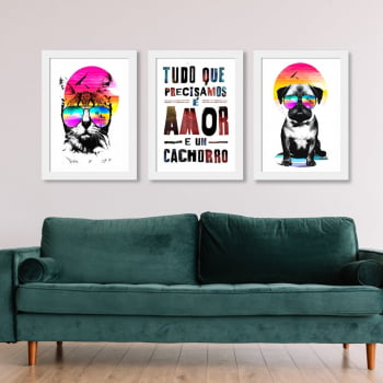 Conjunto de 3 Quadros Decorativos Tudo Que Precisamos É Amor E Um Cachorro - Meu Pet