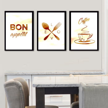 Conjunto de 3 Quadros Decorativos para Cozinha Bon Appetit