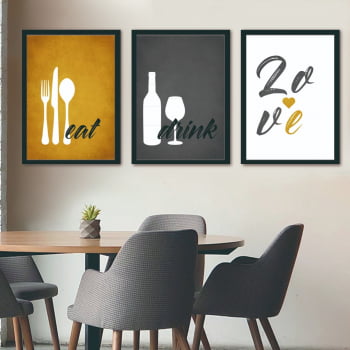 Conjunto de 3 Quadros Decorativos para Cozinha Eat, Drink e Love