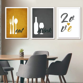 Conjunto de 3 Quadros Decorativos para Cozinha Eat, Drink e Love