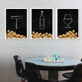 Conjunto de 3 Quadros Decorativos para Cozinha Saca-Rolha, Vinho e Taça