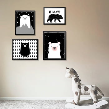 Conjunto de 4 Quadros Decorativos para Quarto Be Brave Ursos - Infantil