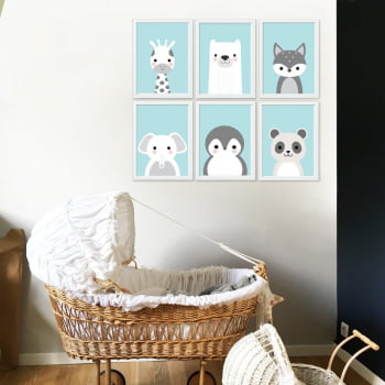 Conjunto de 6 Quadros Decorativos para Quarto Animais - Infantil