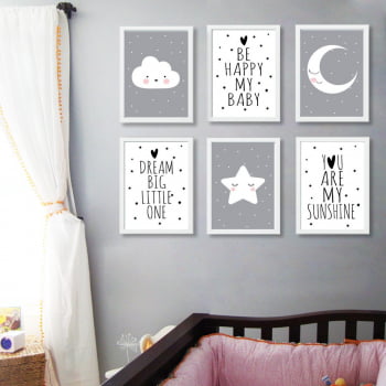 Conjunto de 6 Quadros Decorativos para Quarto Be Happy My Baby - Infantil