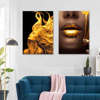 Conjunto de 2 Quadros Decorativos para Sala Black and Gold Woman - Linha Black