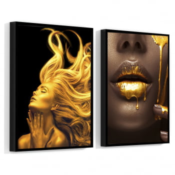 Conjunto de 2 Quadros Decorativos para Sala Black and Gold Woman - Linha Black