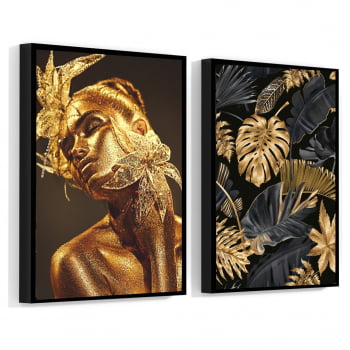 Conjunto de 2 Quadros Decorativos para Sala Black and Golden Flow - Linha Black