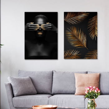 Conjunto de 2 Quadros Decorativos para Sala Black Face With Gold Hand II - Linha Black