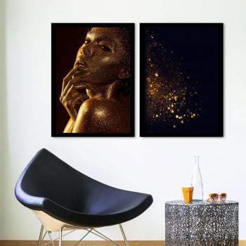 Conjunto de 2 Quadros Decorativos para Sala Black Woman With Gold Skin - Linha Black