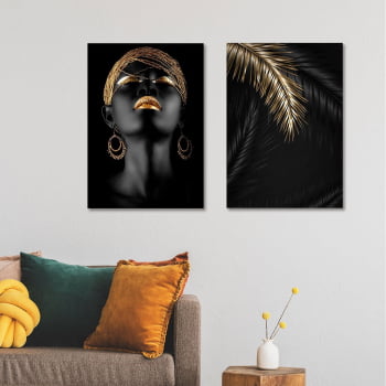Conjunto de 2 Quadros Decorativos para Sala Gold Makeup For Black Face - Linha Black