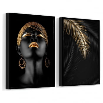 Conjunto de 2 Quadros Decorativos para Sala Gold Makeup For Black Face - Linha Black
