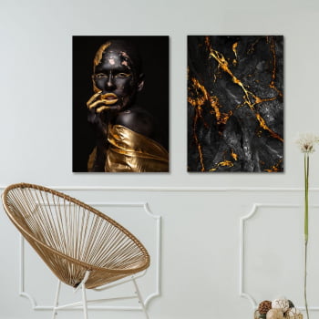 Conjunto de 2 Quadros Decorativos para Sala Gold Woman Of Black - Linha Black