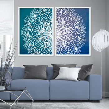 Conjunto de 2 Quadros Decorativos para Sala Mandala Serenidade Azul